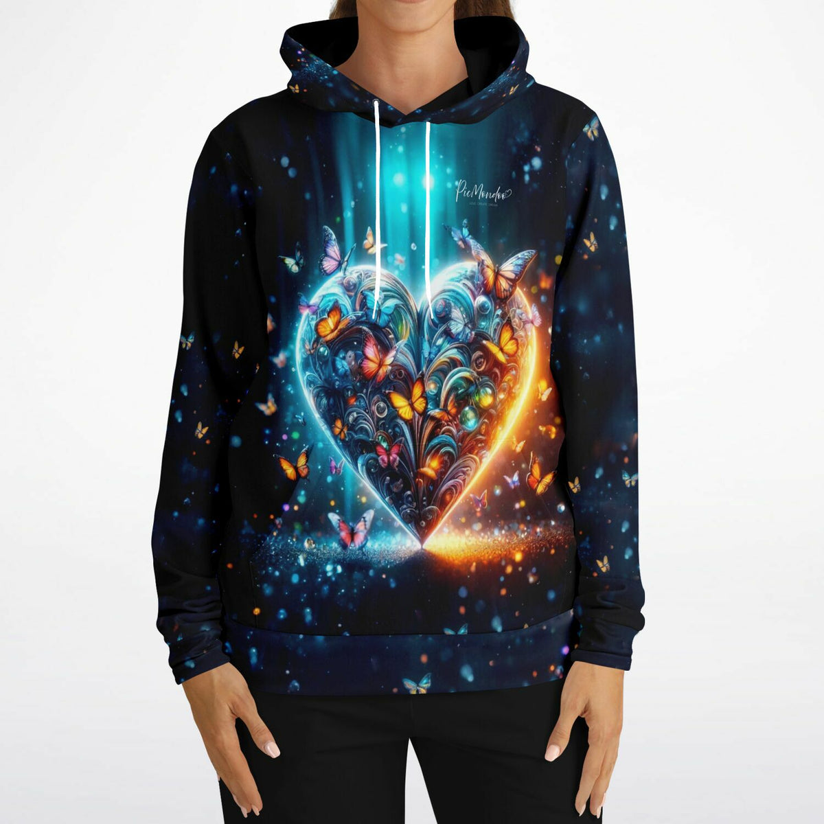 Schwarzer Dreamer Hoodie mit leuchtendem Schmetterlingsherz-Motiv im Stil von Diamond Painting und Malen nach Zahlen Kunst