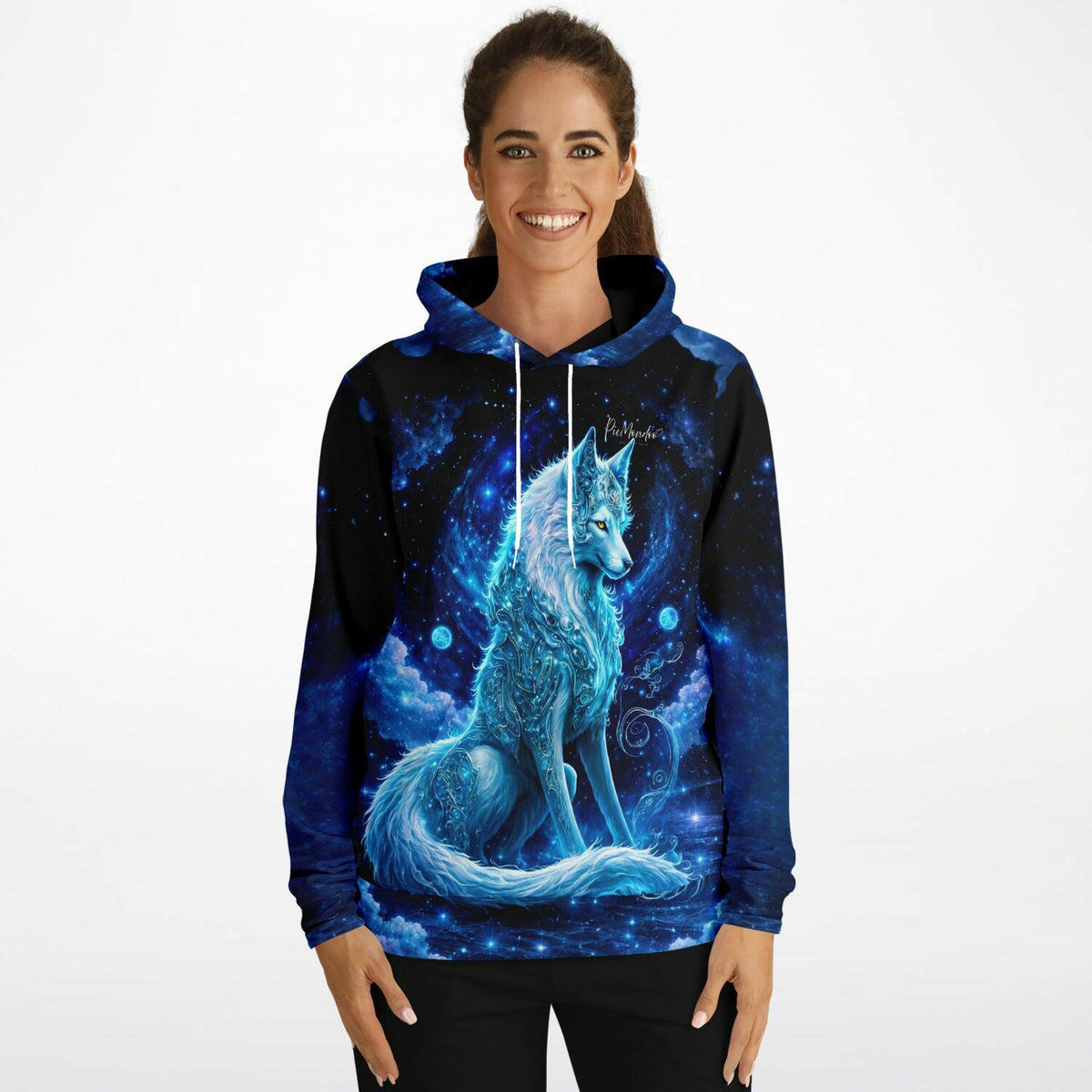 Dreamer Hoodie mit mystischem Wolf-Motiv im Stil von Diamond Painting Kunst in leuchtendem Blau und Weltraum-Design.