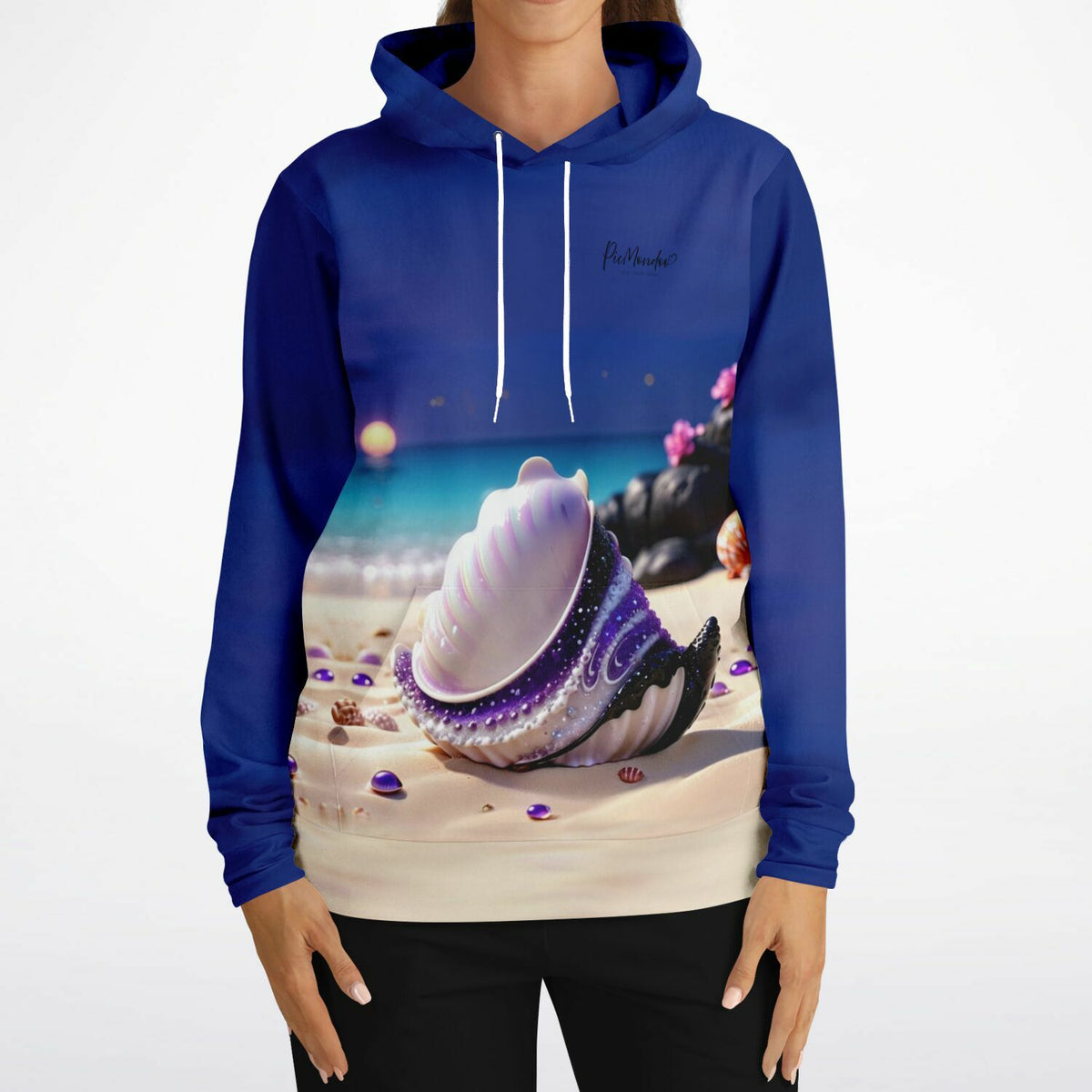Dreamer Hoodie in Muschel Violett Design mit hochwertigem Allover-Druck eines Strandmotivs mit funkelnder Muschel