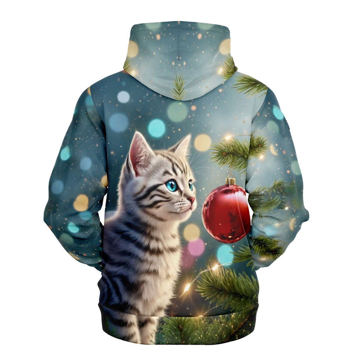 Dreamer Hoodie mit süßer Katze und Weihnachtsbaum-Motiv, perfekt für Fans von Malen nach Zahlen und Diamond Painting.