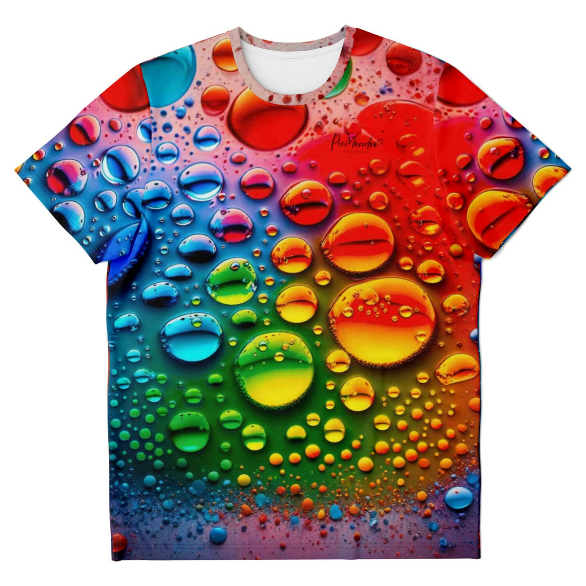T-Shirt mit buntem Regentropfen-Design, inspiriert von glänzenden Diamond Painting Steinen und abstrakter Kunst.