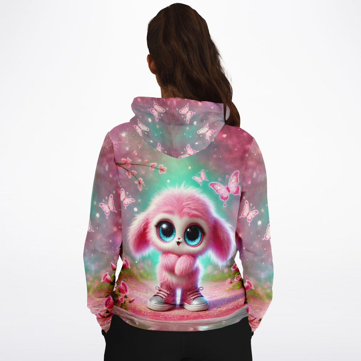 Pinker Dreamer Hoodie mit flauschigem Wesen und Schmetterlingen im Stil von Diamond Painting Motiven