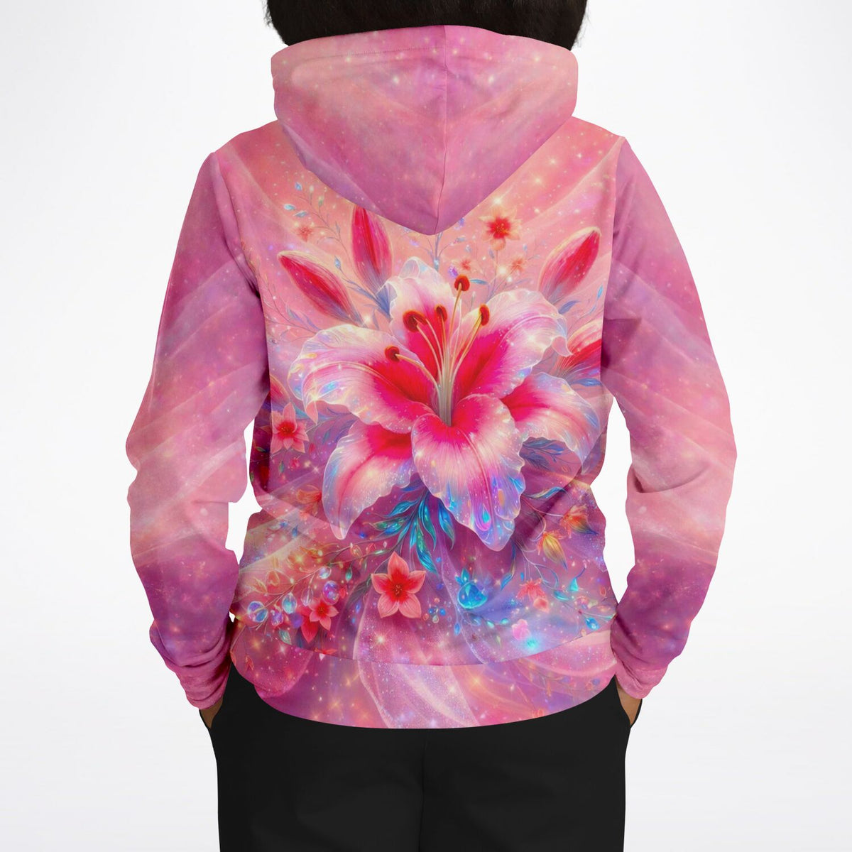 Dreamer Hoodie in Rosé mit zartem Lilien-Motiv im künstlerischen Design, ideal für Fans von Malen nach Zahlen und DIY-Kunst
