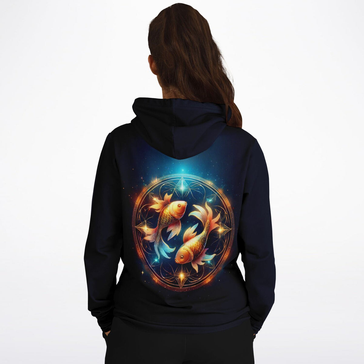 Schwarzer Hoodie mit Sternzeichen Fisch Motiv, ideal für Fans von Diamond Painting und Malen nach Zahlen Kunst