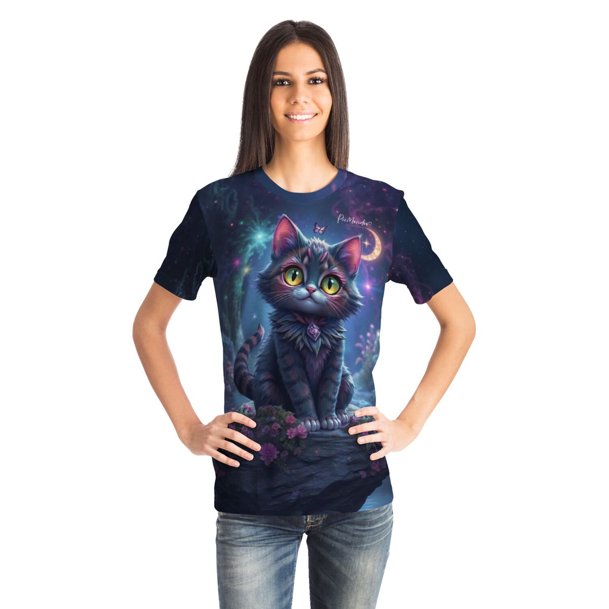 Frau trägt T-Shirt mit süßem Nacht-Katzen Motiv im Malen nach Zahlen Stil von Picmondoo