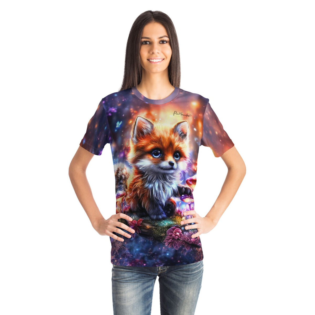 Frau trägt Fynni Fuchs T-Shirt mit Diamond Painting Motiv und bunten Farbakzenten für Fans von Malen nach Zahlen Designs