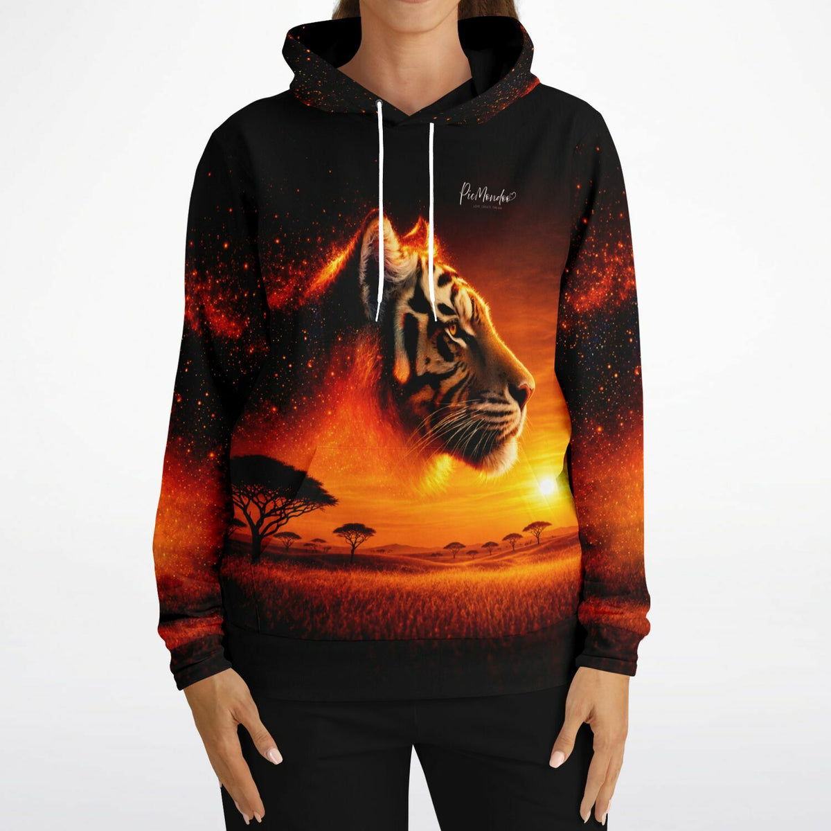 Schwarzer Picmondoo Dreamer Hoodie mit Tiger-Feuerherz Motiv im Savannen-Design, beliebt bei DIY-Fans