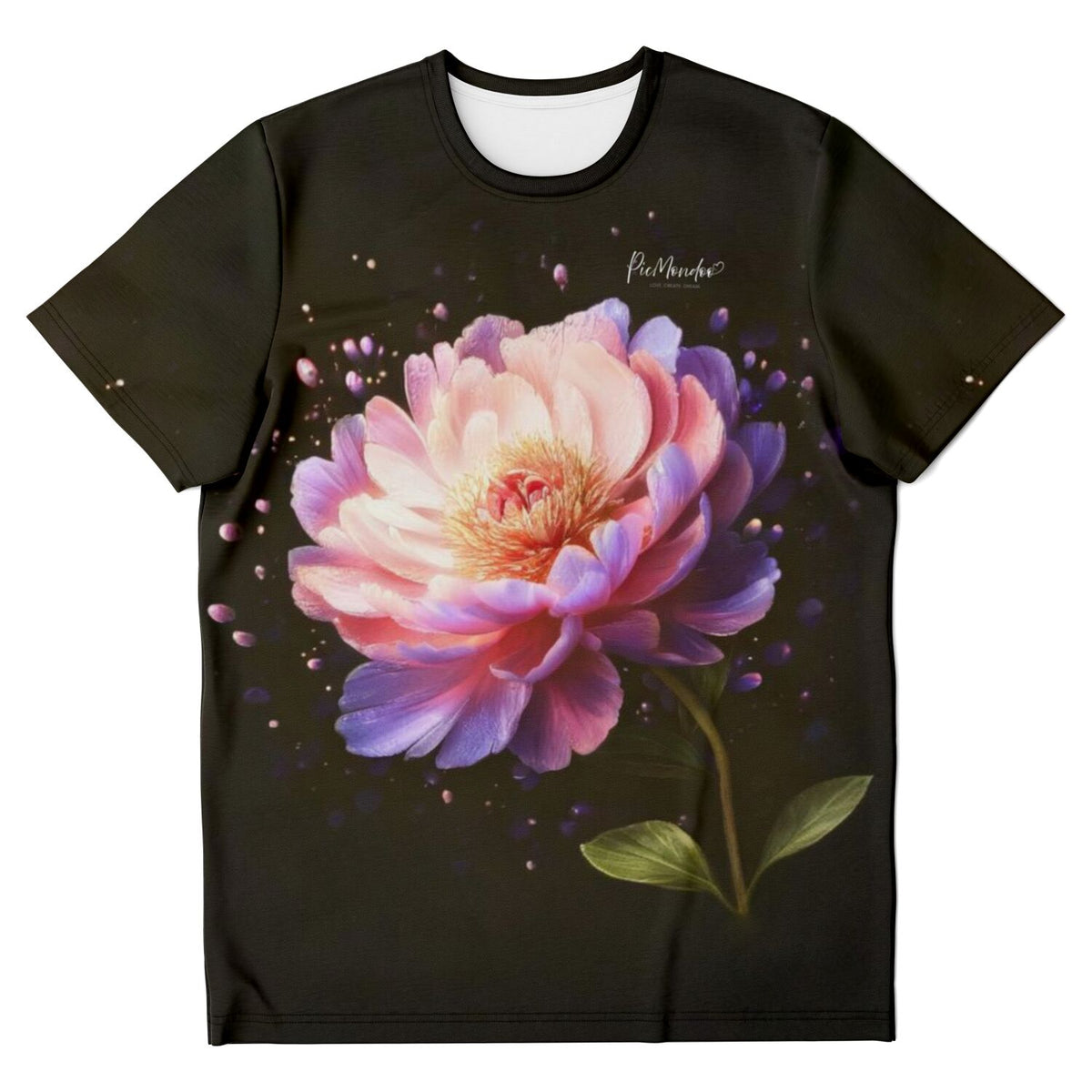 Schwarzes T-Shirt mit Pfingstrosen-Motiv wie bei Diamond Painting und Malen nach Zahlen für kreative Kunst-Fans