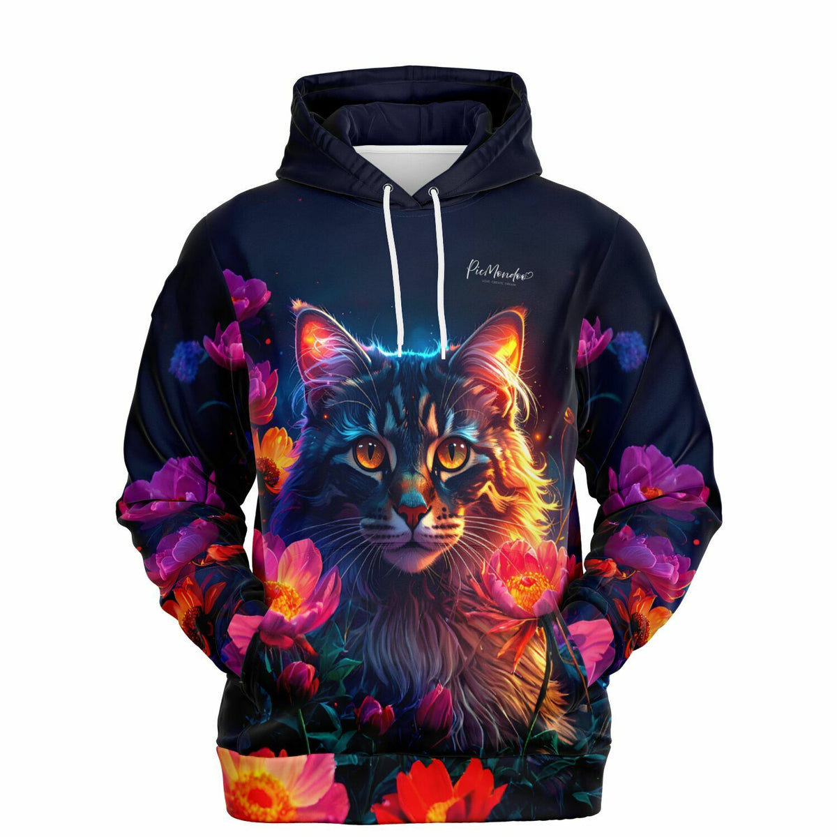 Dreamer Hoodie Hüterin der Nachtblüten mit leuchtendem Katzen-Motiv in bunten Blumen, ideal für Diamond Painting Fans.