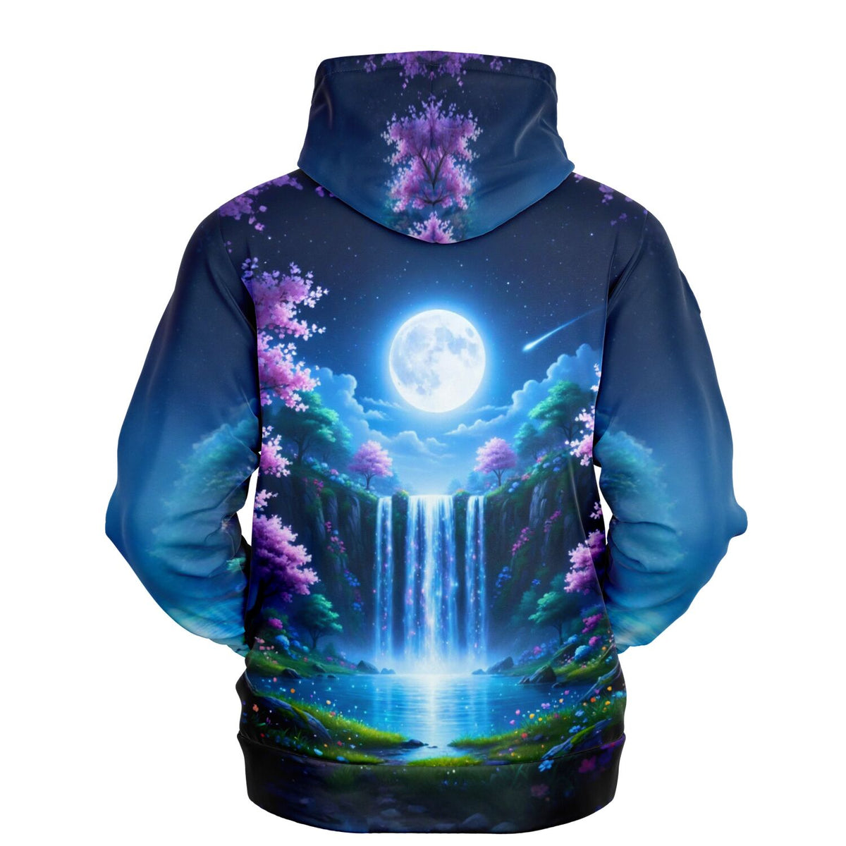 Dreamer Hoodie Tal der flüsternden Wasser mit leuchtendem Wasserfall, Vollmond und rosa Kirschblüten im AOP-Design