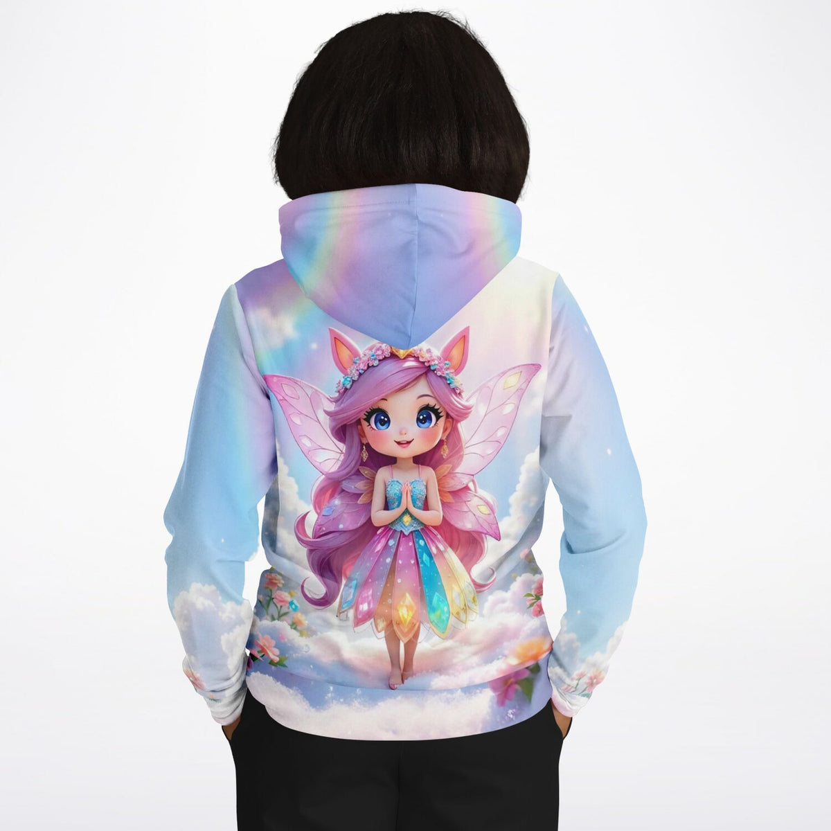 Dreamer Hoodie mit Fee im Wolkenreich Motiv in bunten Regenbogenfarben passend zu Diamond Painting Design-Welten
