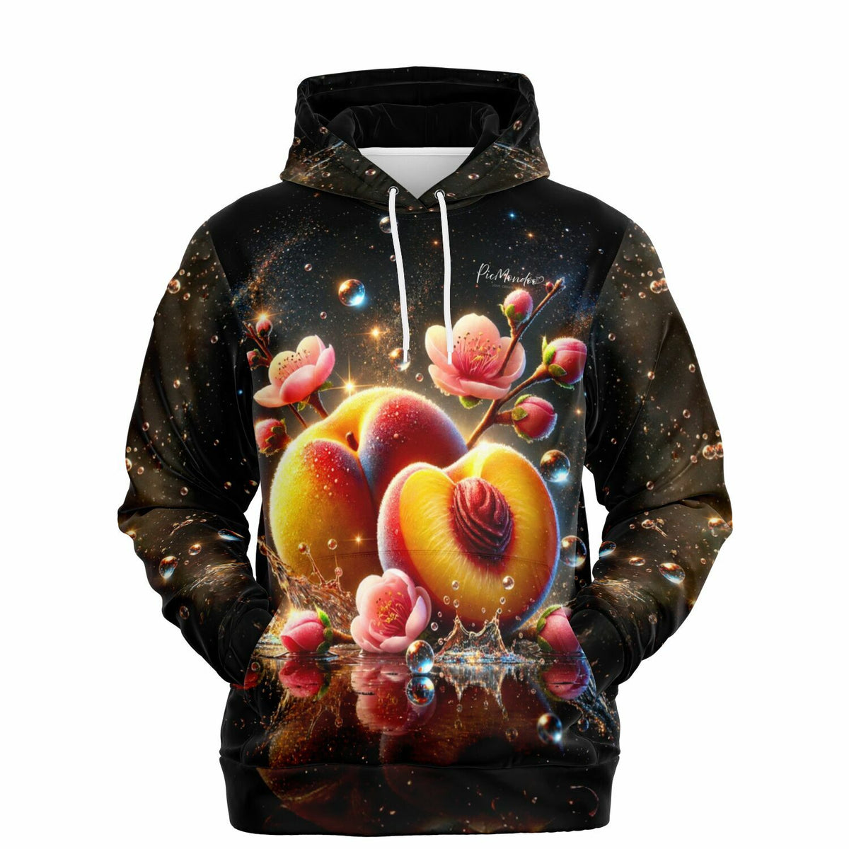 Schwarzer Picmondoo Dreamer Hoodie mit Pfirsich-Motiv, Blüten und Wassertropfen im künstlerischen Design