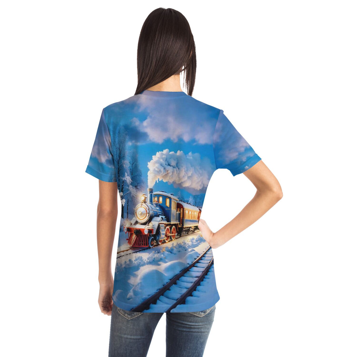 Dreamer T-Shirt mit Night Train Motiv, winterliche Dampflokomotive-Szene als hochwertiger Sublimationsdruck