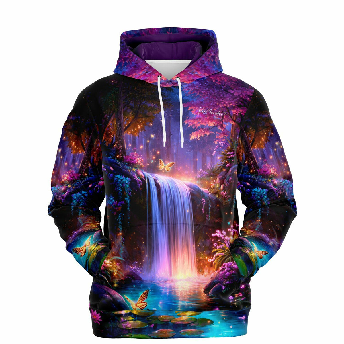 Dreamer Hoodie Hain der erwachten Farben mit leuchtendem Wasserfall, Schmetterlingen und magischem Wald-Design