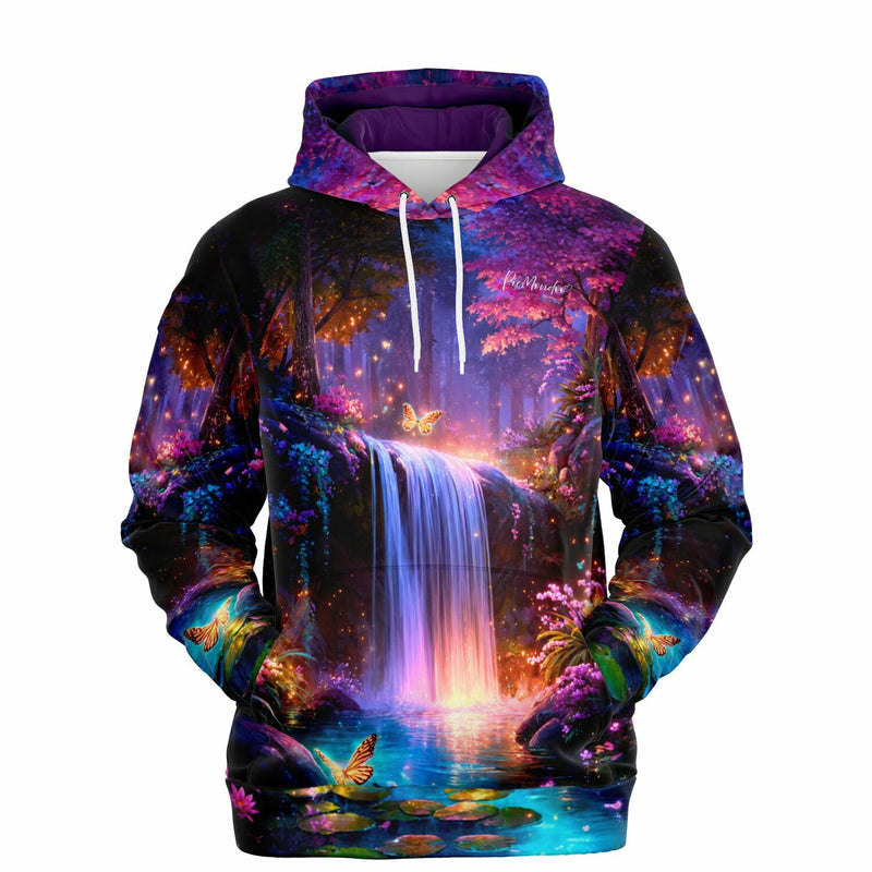 Dreamer Hoodie Hain der erwachten Farben mit leuchtendem Wasserfall, Schmetterlingen und magischem Wald-Design