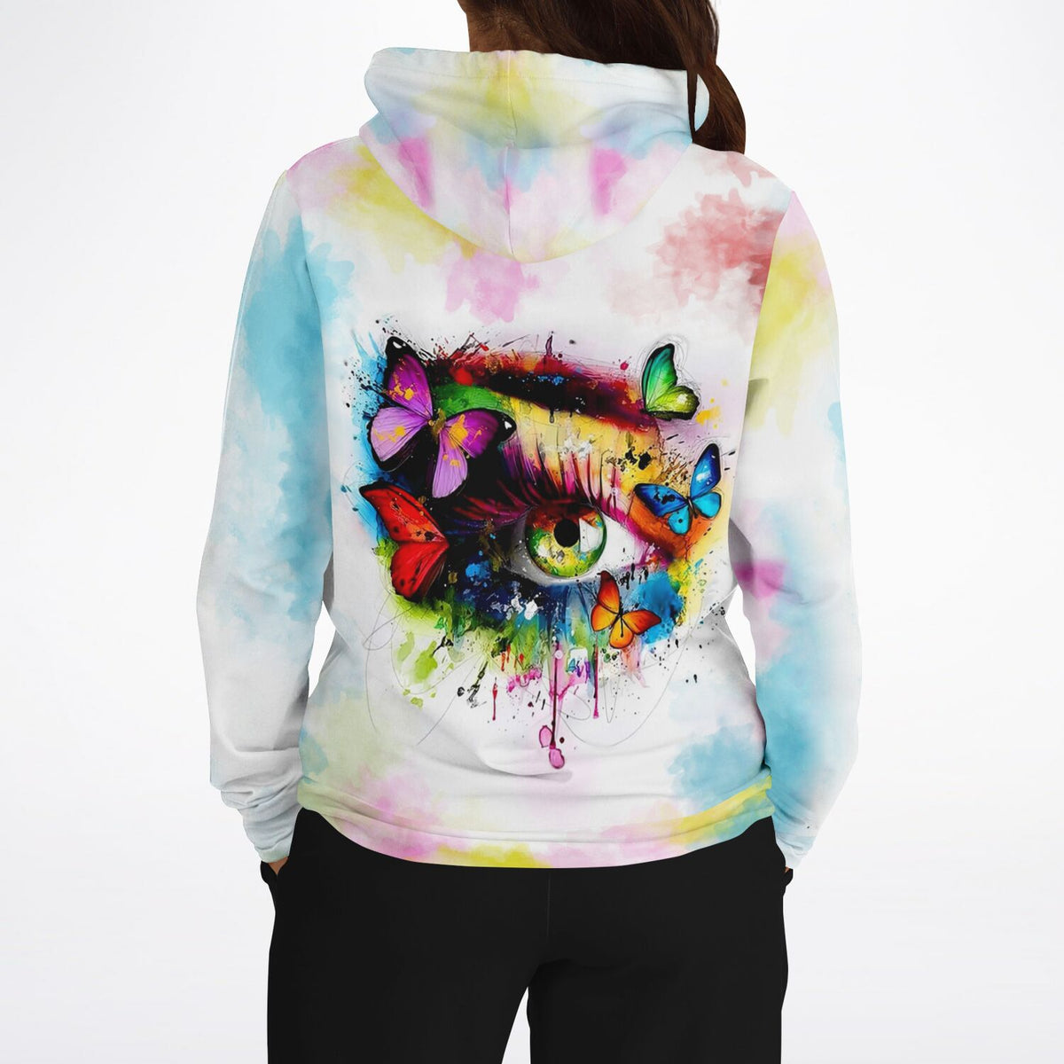 Dreamer Hoodie mit farbenfrohem Augen-Motiv, kunstvollen Aquarell-Schmetterlingen und Batik-Design für DIY-Fans