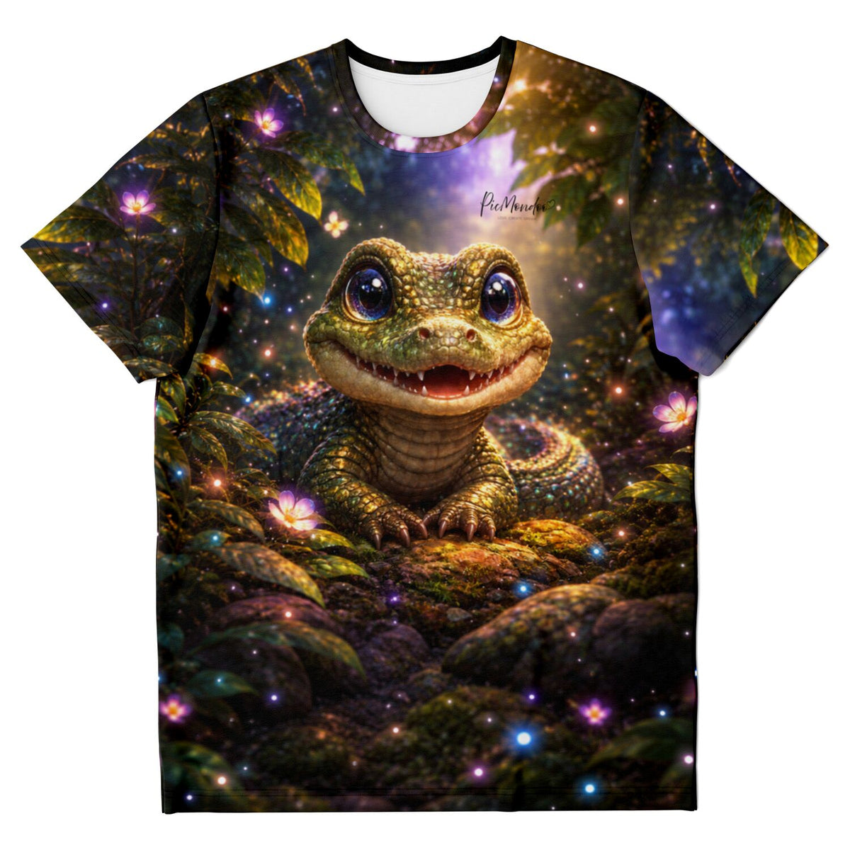 T-Shirt mit süßem Krokodil-Motiv, inspiriert von Diamond Painting Kunstwerken mit magischem Wald-Design.