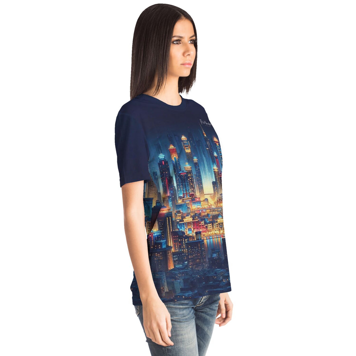 Dunkelblaues Dreamer T-Shirt mit leuchtendem Stadt der Lichter Motiv für Fans von Diamond Painting und Malen nach Zahlen