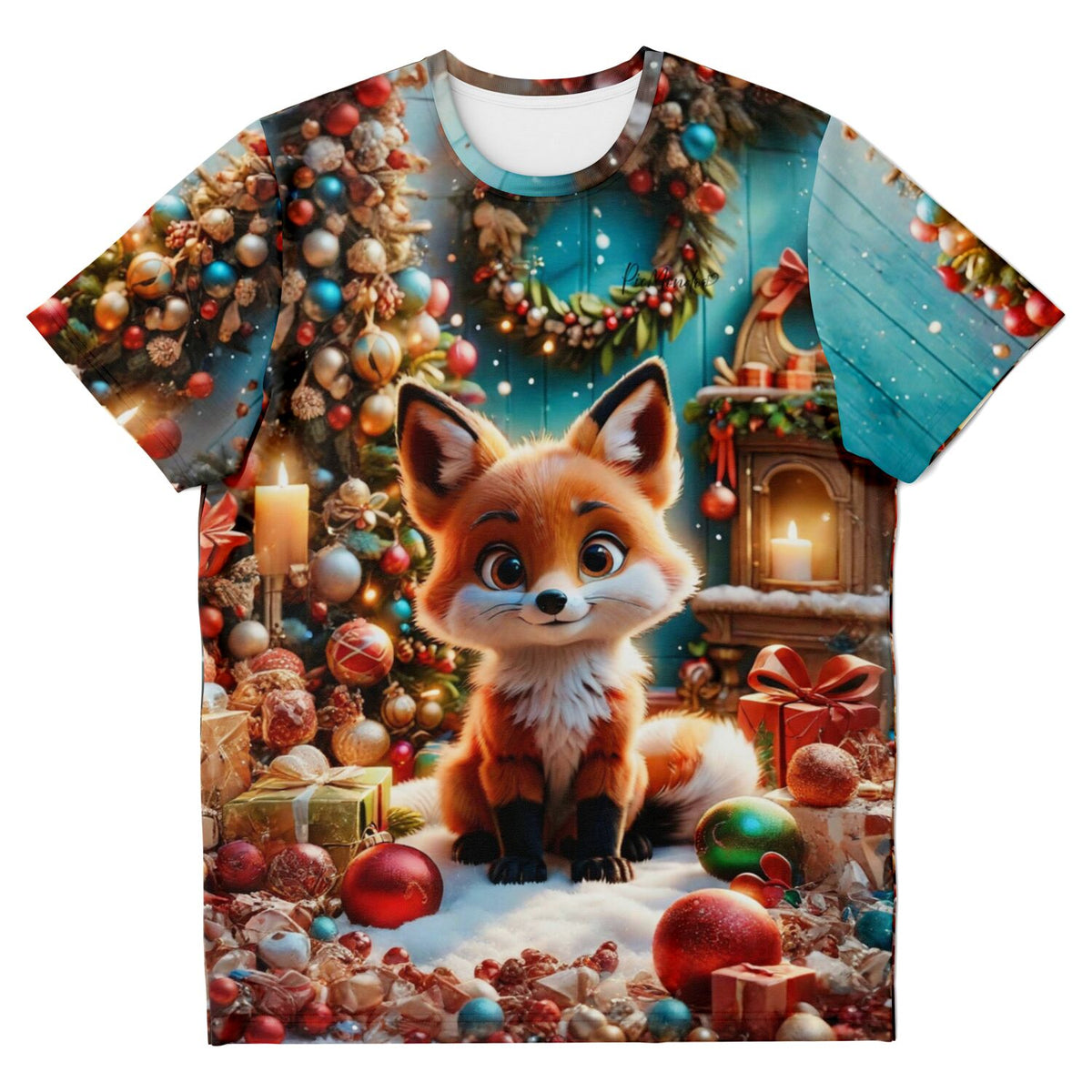 T-Shirt mit süßem Fuchs im weihnachtlichen Diamond Painting Design, umgeben von Geschenken und Christbaumkugeln.