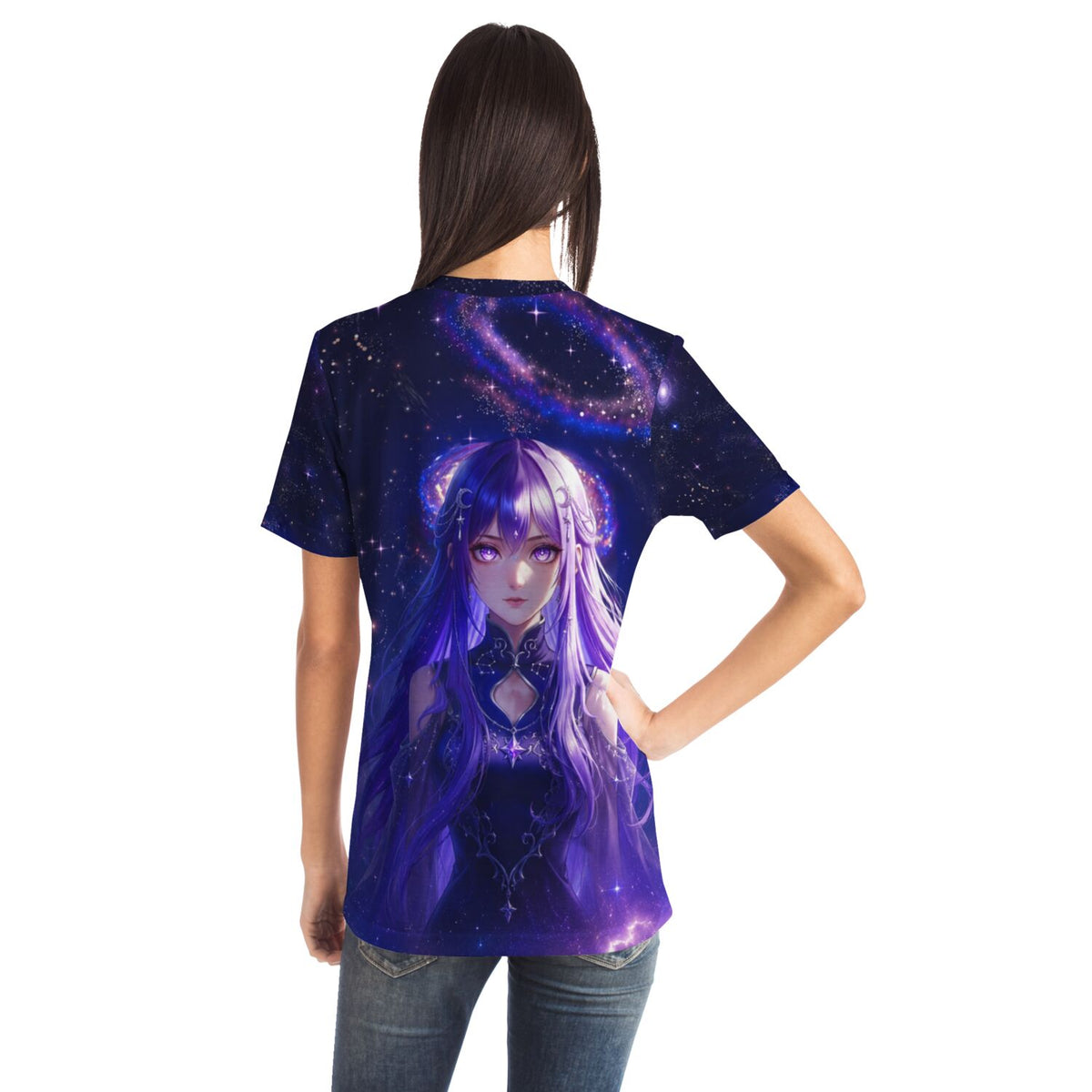 T-Shirt mit lila Anime-Mädchen Motiv vor Weltraum-Hintergrund im Stil von Malen nach Zahlen und Diamond Painting