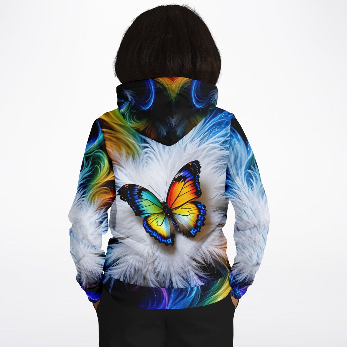 Dreamer Hoodie mit farbenfrohem Schmetterlings-Motiv auf weissem Feder-Hintergrund in leuchtenden Regenbogenfarben