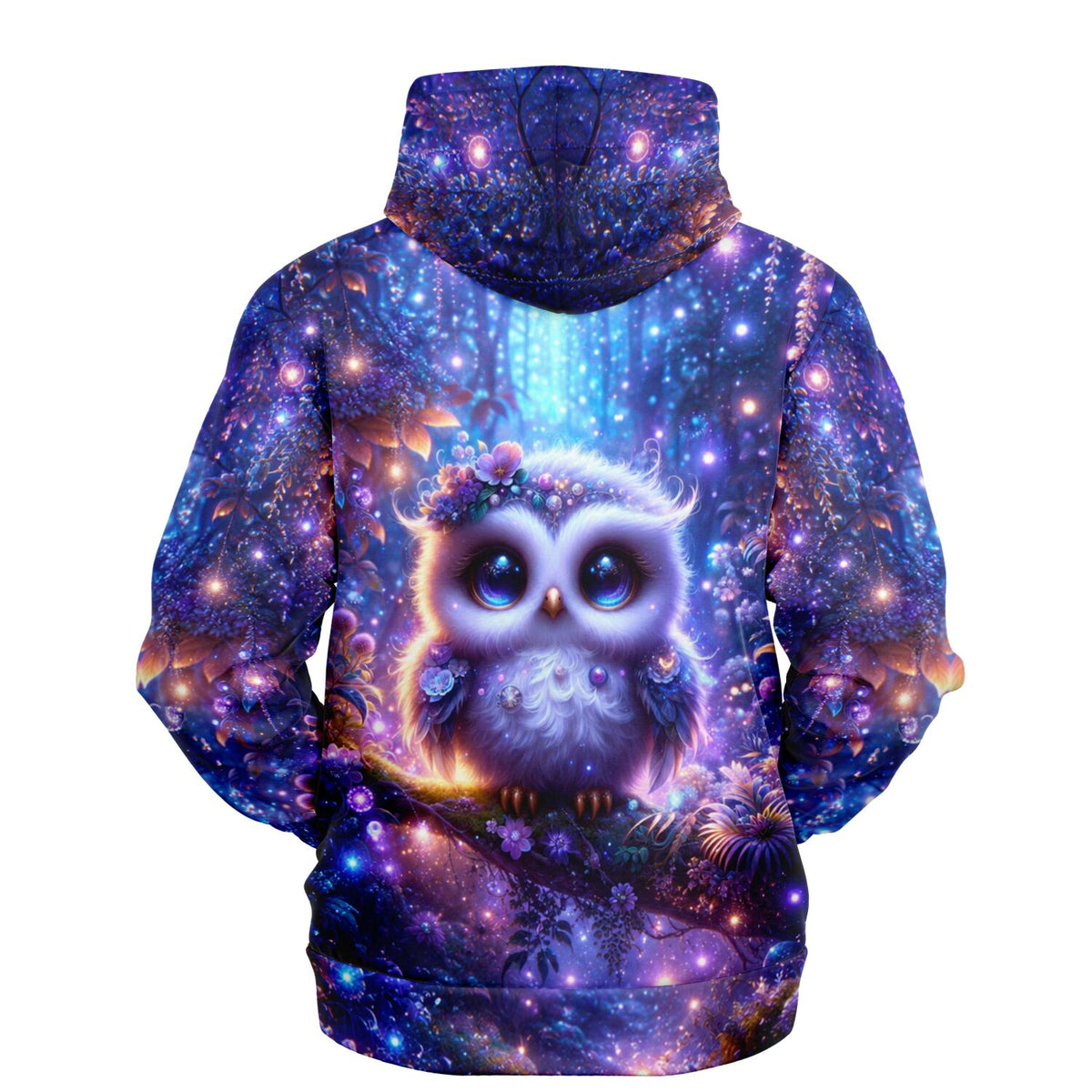 Dreamer Hoodie mit magischem Eulen-Motiv in leuchtenden Lila- und Blautönen, vollflächig bedrucktes Fashion-Design