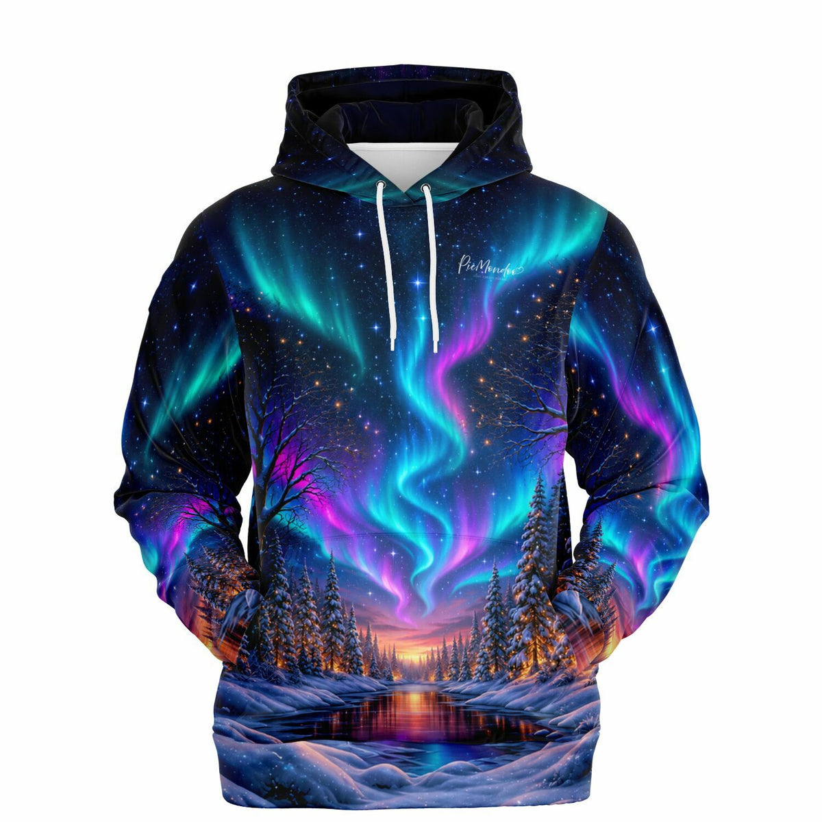 Dreamer Hoodie mit Polarlicht-Motiv, inspiriert von Diamond Painting Kunstwerken mit Sternenhimmel und Winterlandschaft