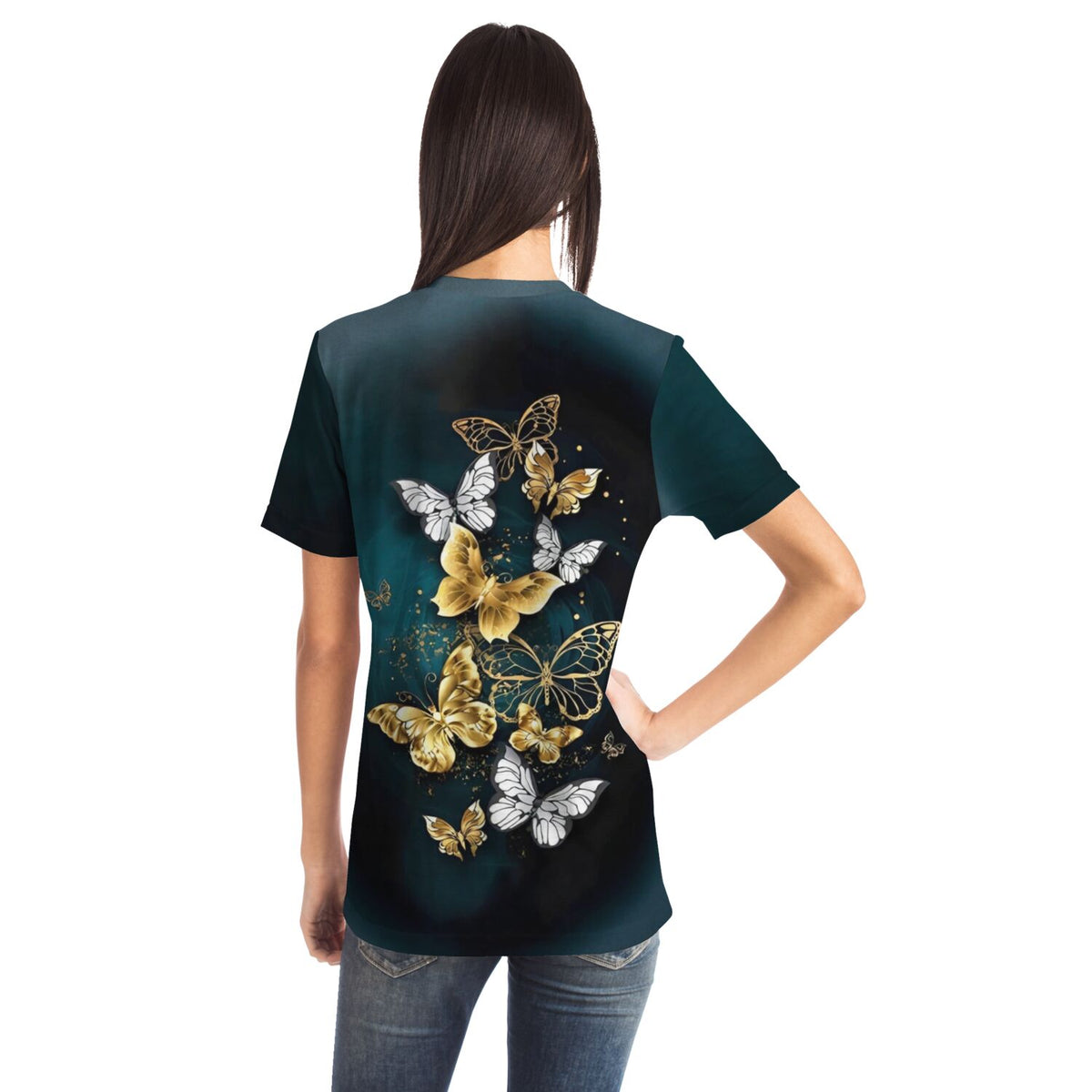 T-Shirt für Damen mit goldenen Schmetterlingen auf dunkelblauem Hintergrund im künstlerischen Design