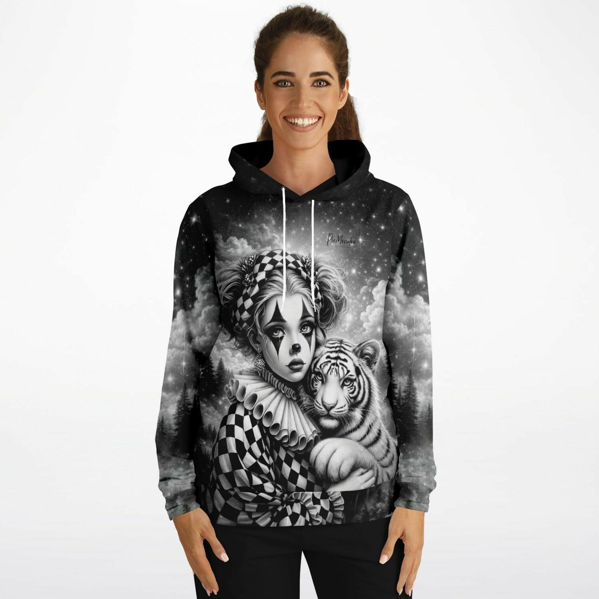 Dreamer Hoodie Maskerade mit schwarz-weißem Motiv einer Clown-Dame und einem Tiger im Diamond Painting Stil
