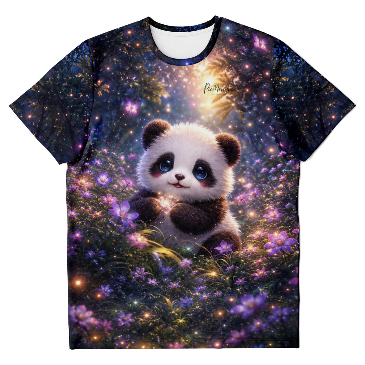 T-Shirt mit süßem Panda im magischen Blumenwald, beliebtes Diamond Painting Motiv in leuchtenden Farben
