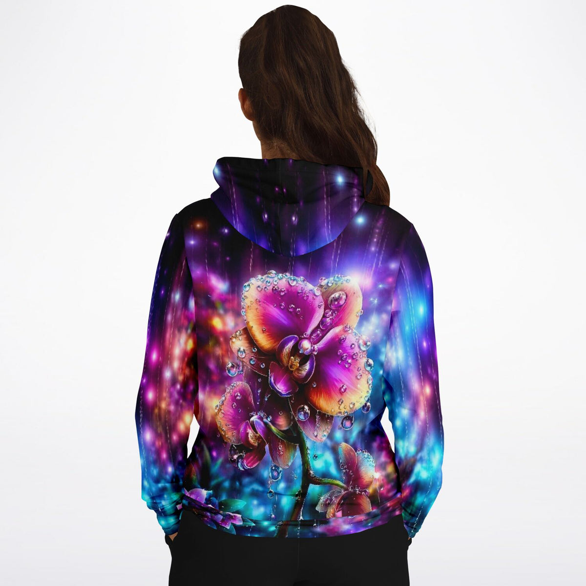 Dreamer Hoodie Regenkuss mit buntem Orchideen-Print, der an farbenfrohe Diamond Painting Kunstwerke erinnert.