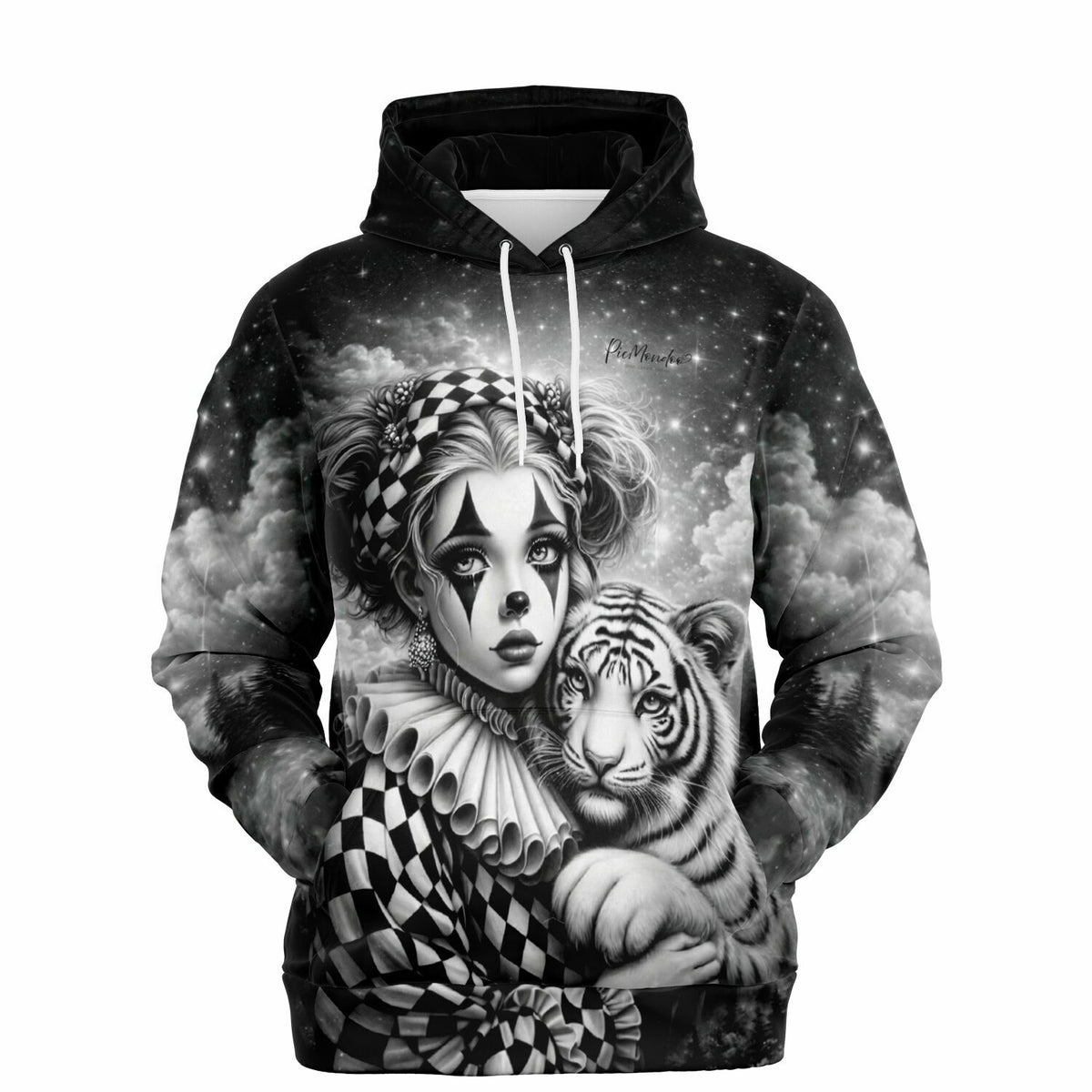 Schwarzer Dreamer Hoodie mit Maskerade-Motiv, Clown-Mädchen und Tiger, passend zu Diamond Painting Design für Erwachsene