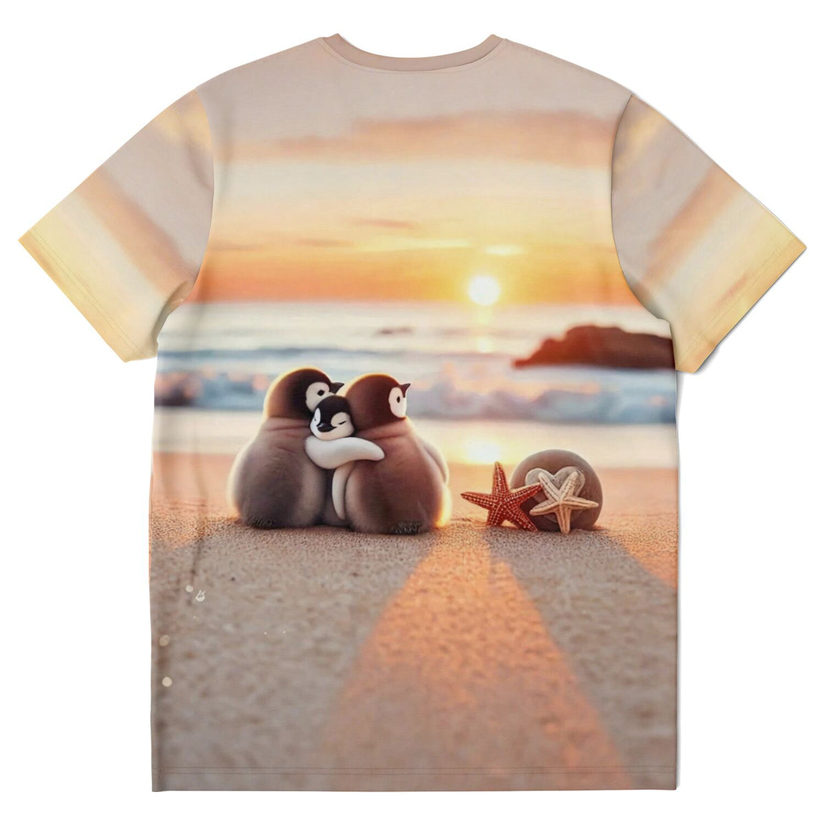 T-Shirt mit Pinguin-Familie am Strand bei Sonnenuntergang, passend zum kreativen Hobby Diamond Painting und Malen nach Zahlen