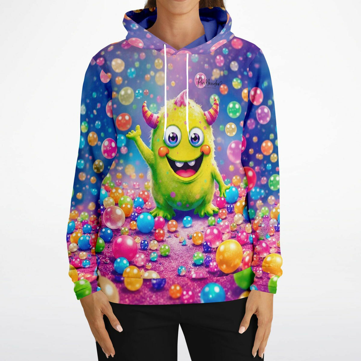 Dreamer Hoodie mit buntem Monster-Motiv, inspiriert von Diamond Painting Farben und glitzernden Perlen-Designs.