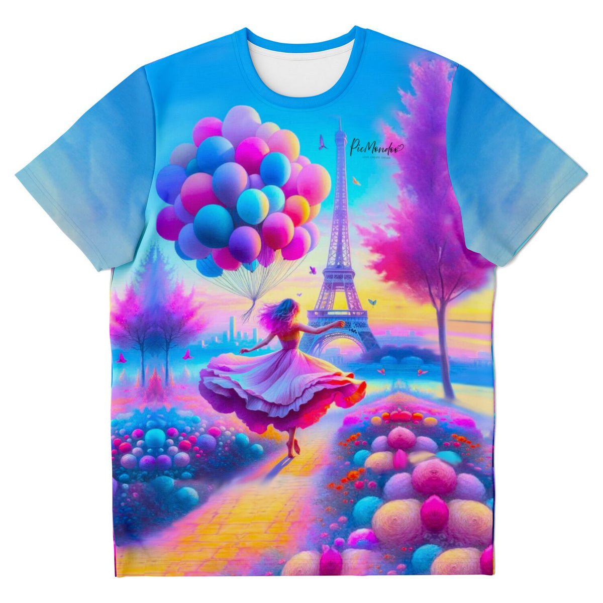Dreamer T-Shirt mit verträumtem Paris-Motiv, tanzender Frau, Eiffelturm und bunten Luftballons im Diamond Painting Stil