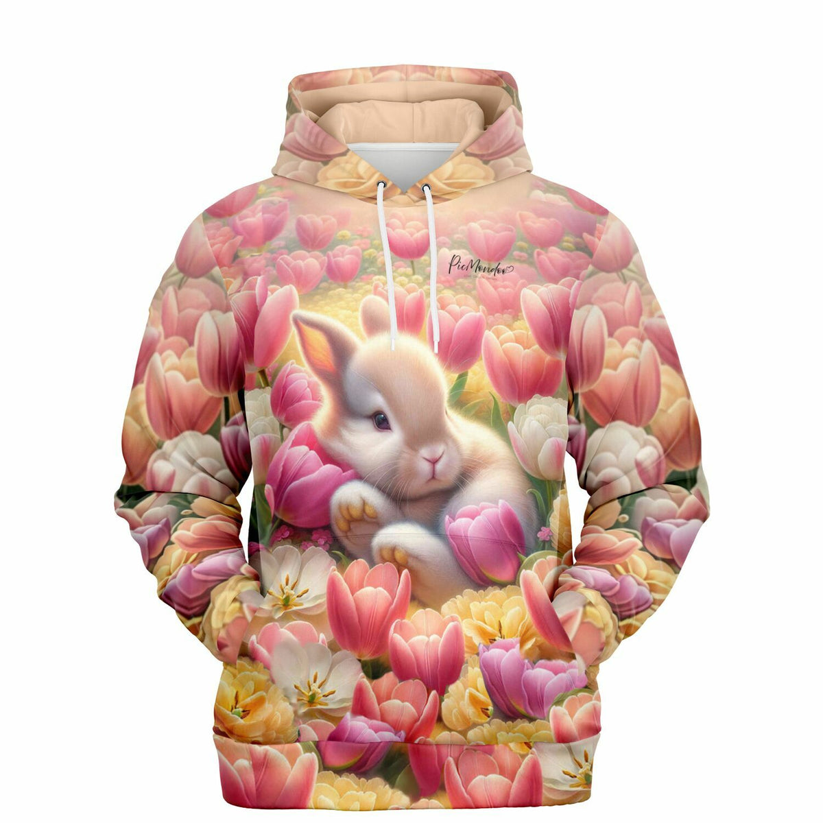 Dreamer Hoodie mit verträumtem Osterhäschen und bunten Tulpen – hochwertiger AOP-Druck im picmundoo.comsign