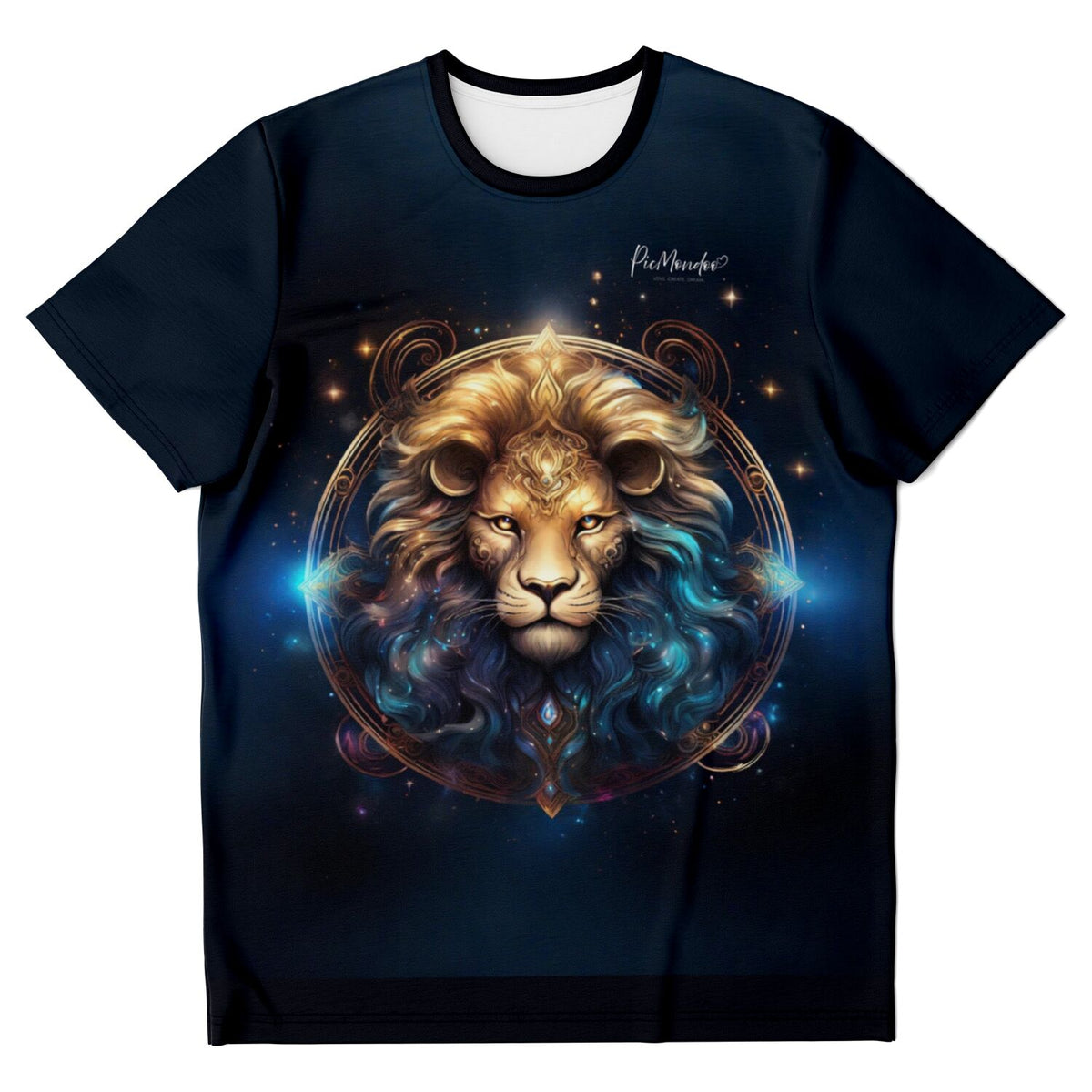 Schwarzes T-Shirt mit Löwe Sternzeichen Motiv im Stil von Diamond Painting Kunst und Malen nach Zahlen Designs