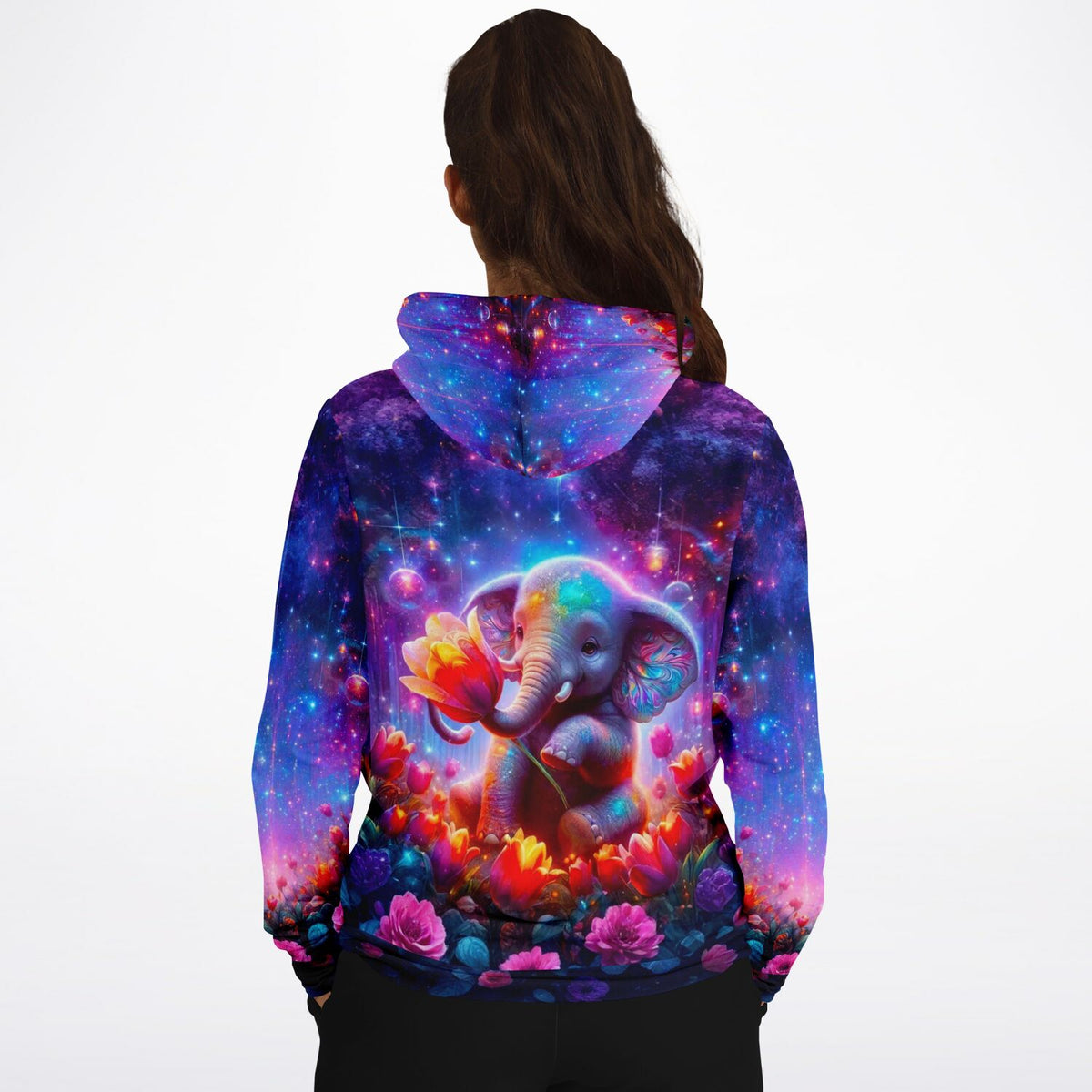 Hoodie mit Elefantenmädchen-Motiv im galaktischen Design, inspiriert durch bunte Diamond Painting und Malen nach Zahlen Kunst