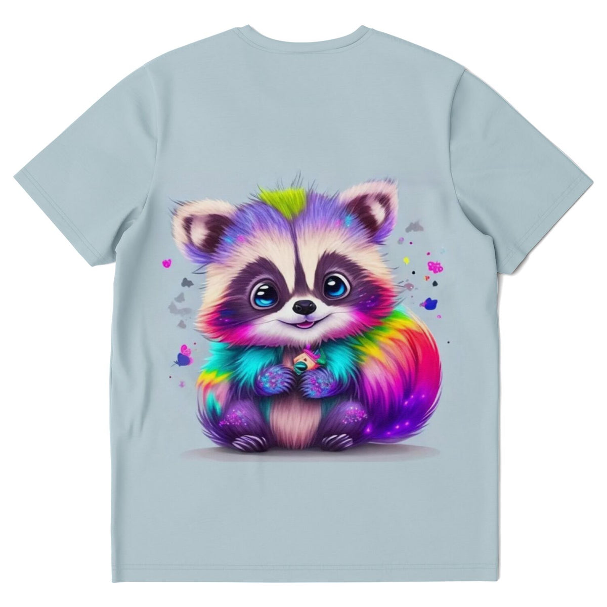 Hellblaues T-Shirt mit buntem Waschbären-Motiv im Stil von Diamond Painting und Malen nach Zahlen Kunstwerken