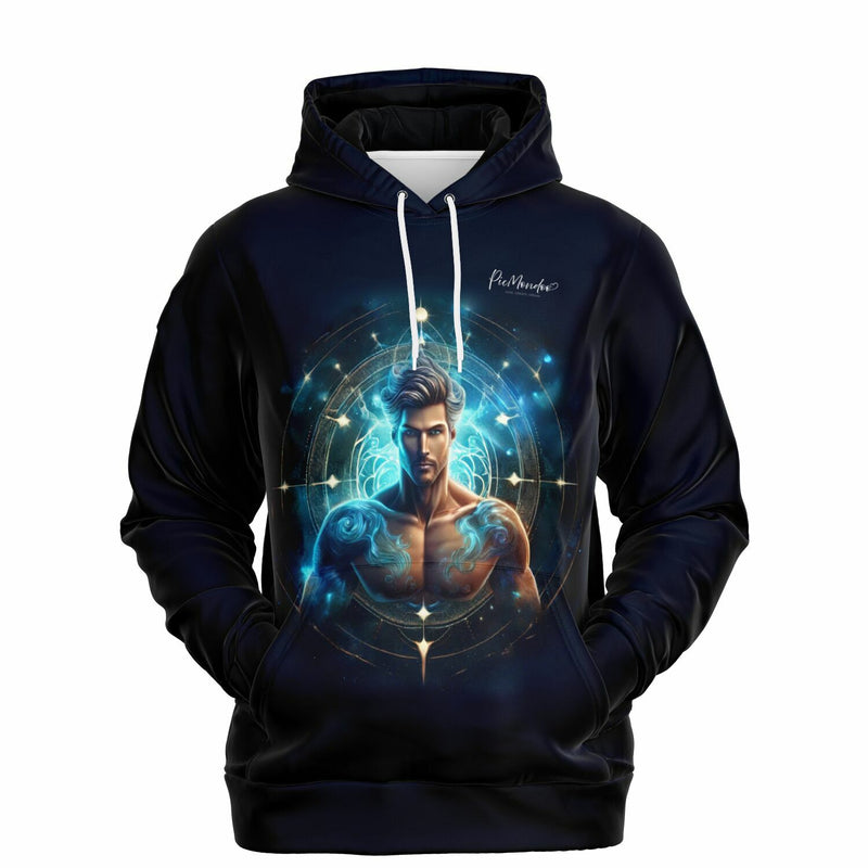 Schwarzer Picmondoo Hoodie mit mystischem Sternzeichen Wassermann Motiv in blauem Lichtdesign für Damen und Herren