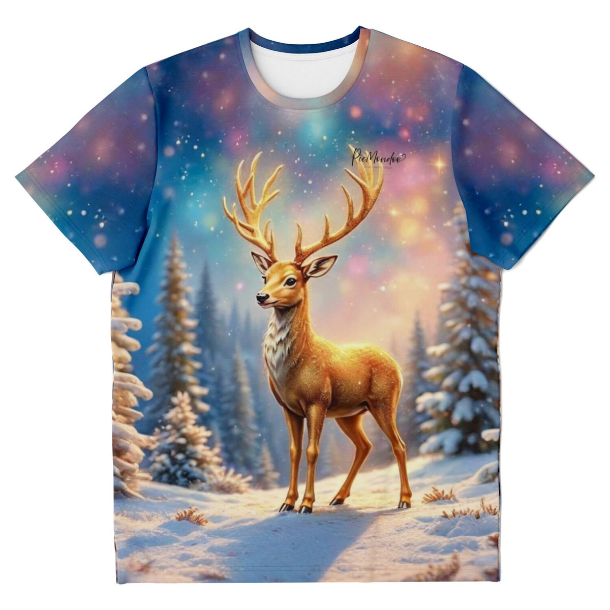 T-Shirt mit Golden Hirsch Motiv im Stil von Diamond Painting und Malen nach Zahlen Designs in verschneiter Winterlandschaft