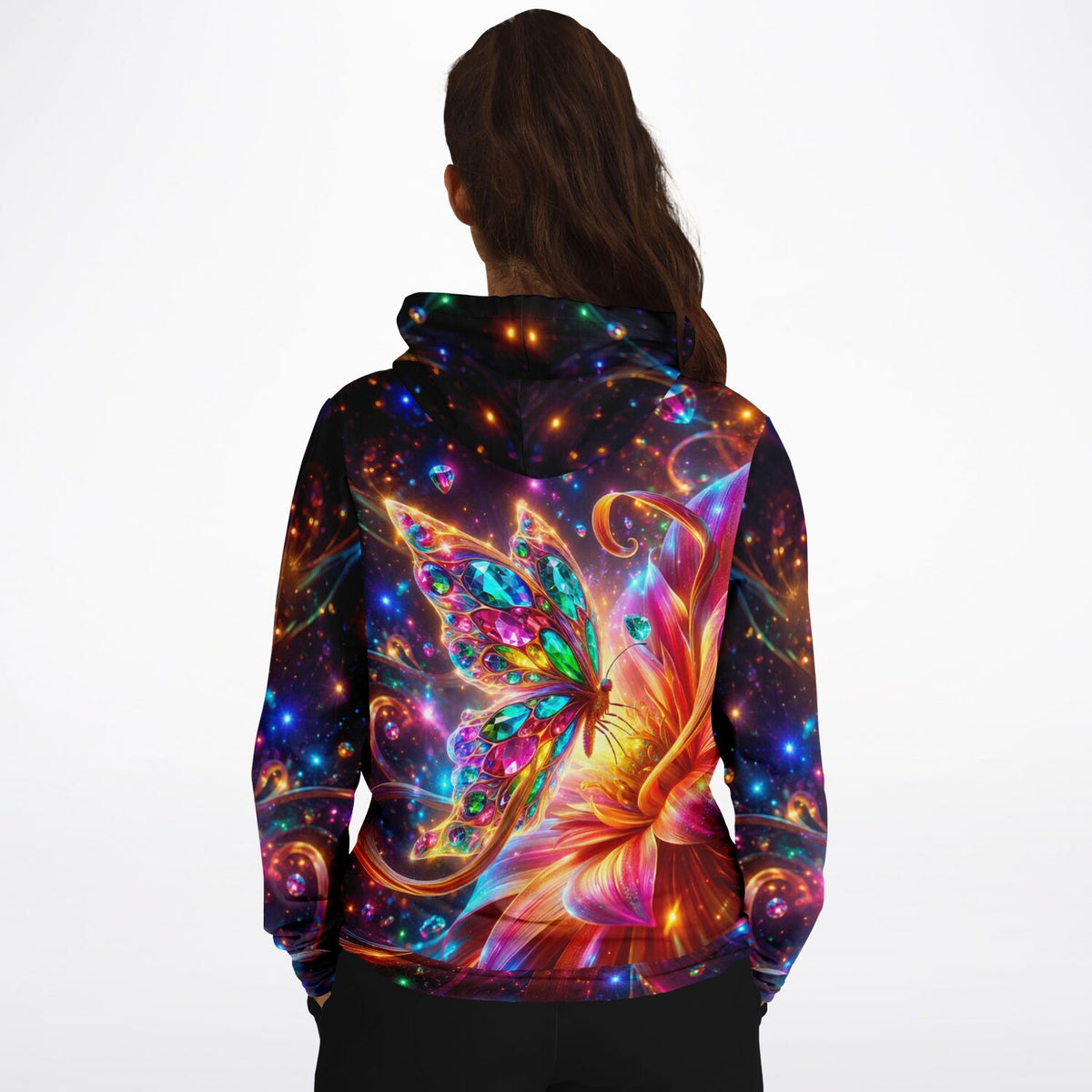 Hoodie mit leuchtendem Schmetterlings-Motiv im Stil von Diamond Painting und funkelnden Farben für kreative Fans