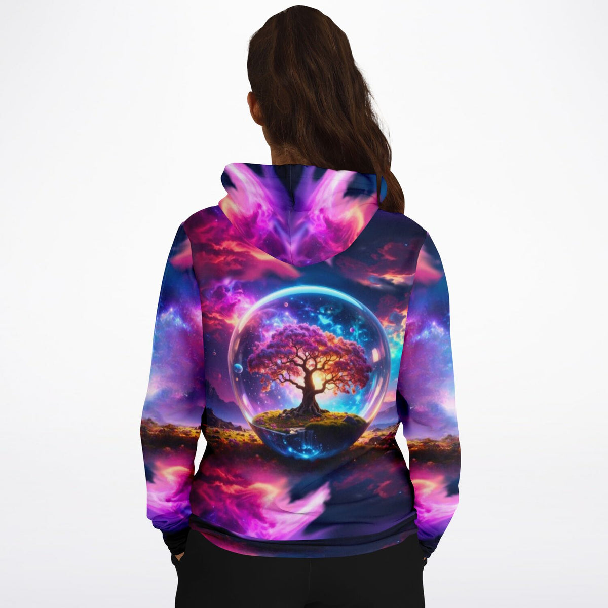 Dreamer Hoodie Arbor Eternis mit mystischem Lebensbaum im Glaskugel-Motiv mit bunten Galaxie-Farben für Kreativ-Fans
