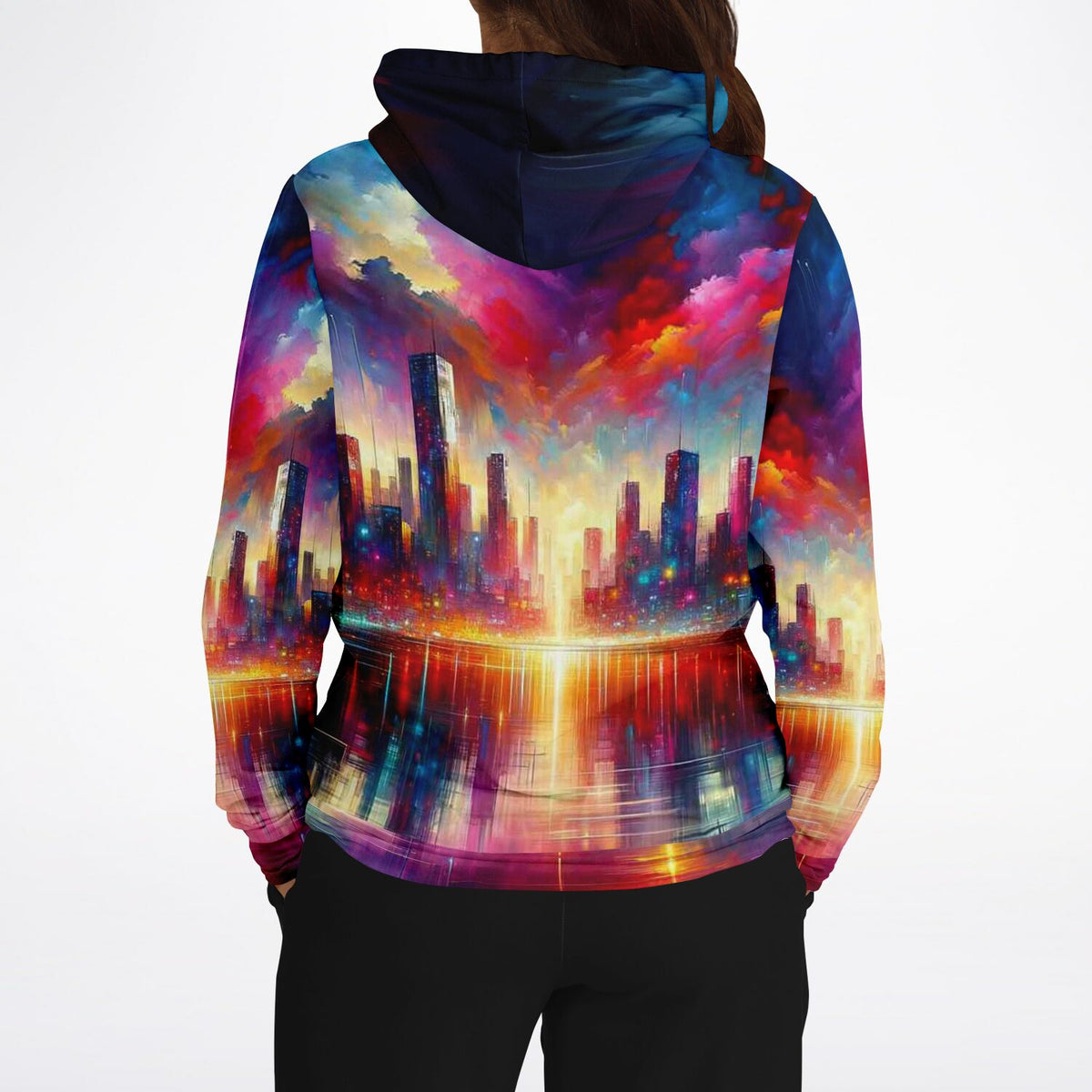 Dreamer Hoodie mit abstrakter Skyline-Grafik, farbenfroher Druck mit Stadtsilhouette im Stil von Malen nach Zahlen Kunst