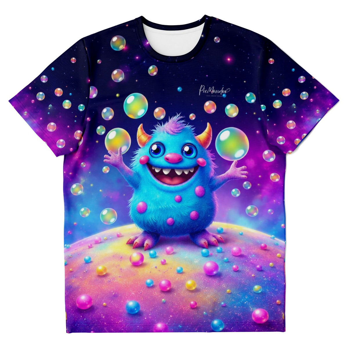 Dreamer T-Shirt von Picmondoo mit blauem Monster, Seifenblasen und buntem Galaxie-Design für Diamond Painting Fans