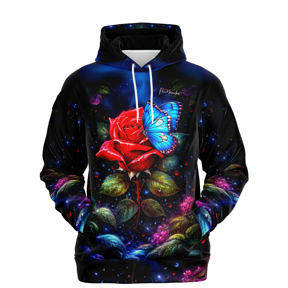 Dreamer Hoodie mit glühender roter Rose und blauem Schmetterling, perfekt für Fans von Malen nach Zahlen und Diamond Painting