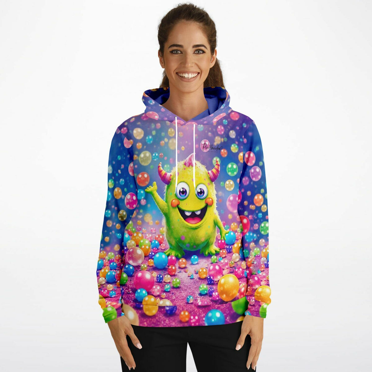 Dreamer Hoodie mit buntem Monster-Motiv und leuchtenden Farbkugeln im Stil unserer beliebten Diamond Painting Sets