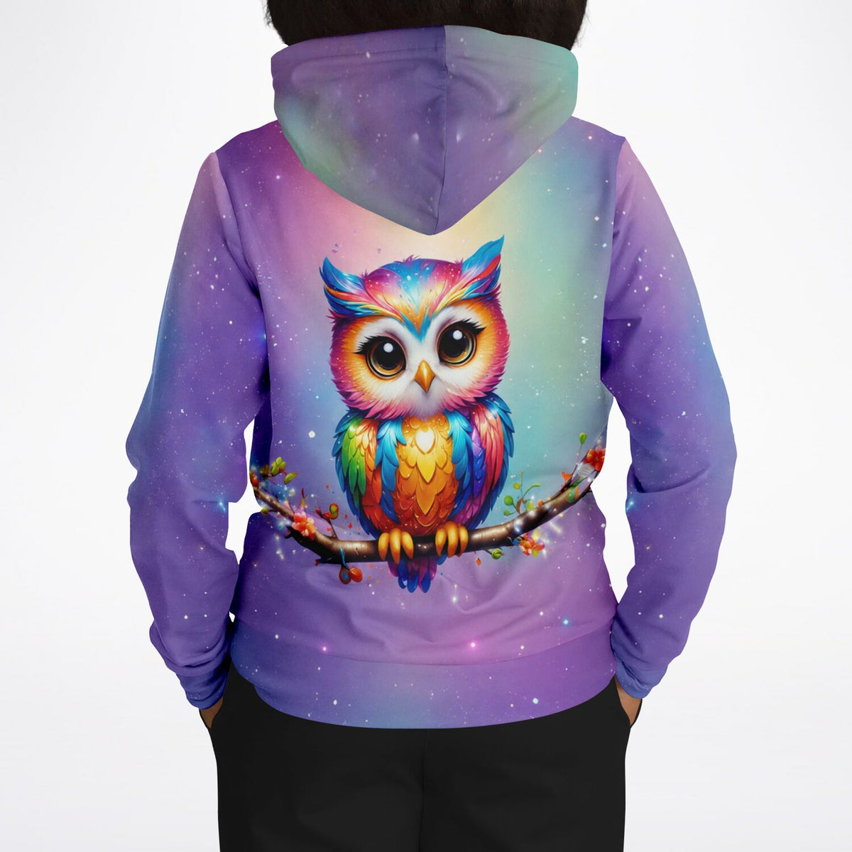 Dreamer Hoodie mit buntem Eulen-Motiv Fridolin im Stil von Diamond Painting Farben auf galaktischem Hintergrund