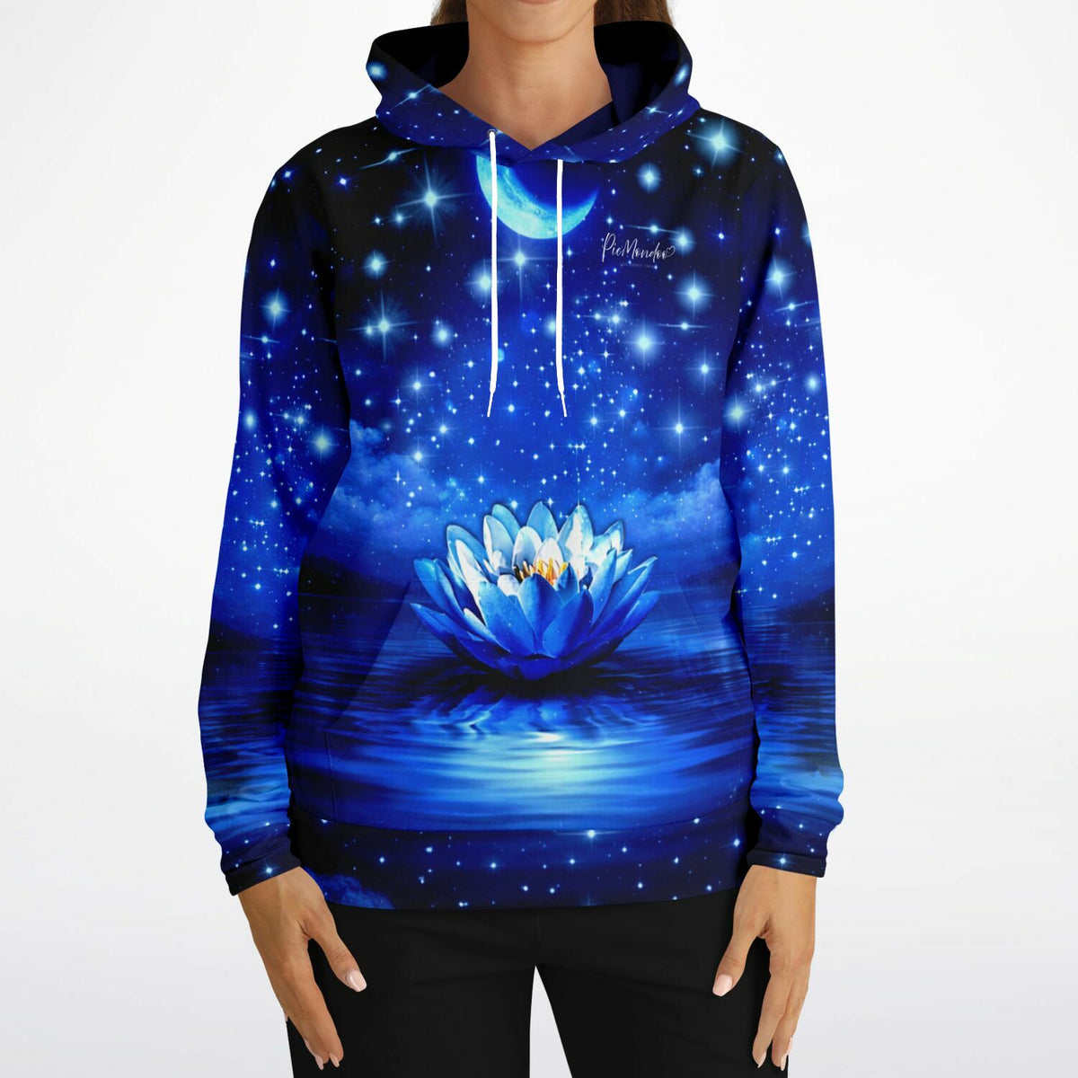 Dreamer Hoodie mit Blaue Seerose Motiv, inspiriert von Diamond Painting Kunst in nächtlicher Sternenhimmel-Optik