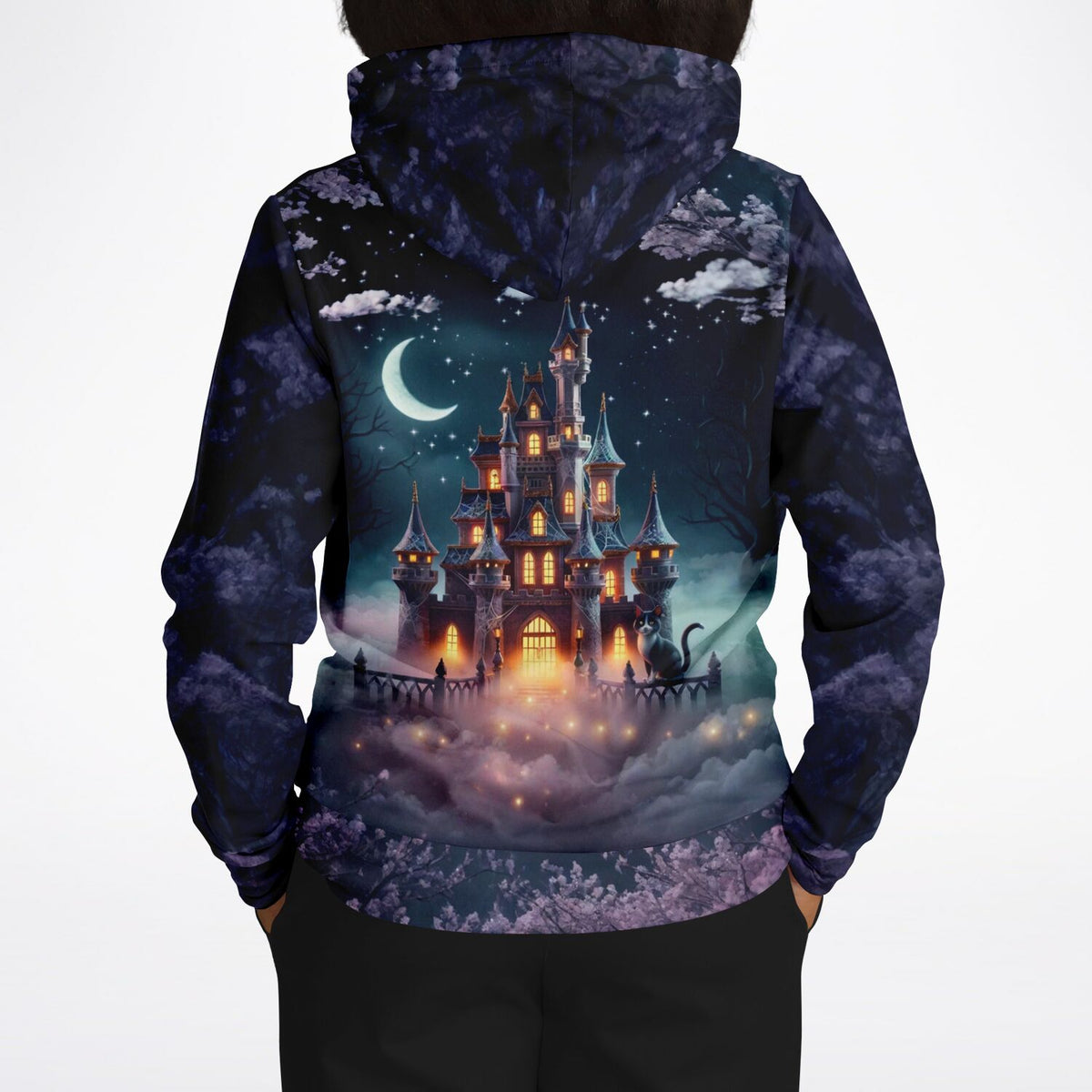 Hoodie mit Nachtschloss-Motiv, Sternenhimmel und Katze, inspirierend wie ein Diamond Painting oder Malen nach Zahlen Set.